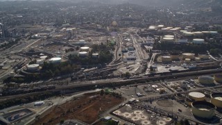 AXSF08_048 - 5K aerial stock footage approach and flyby the Shell Oil Refinery, Martinez, Callifornia