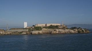 AXSF09_052 - 5K aerial stock footage pan across San Francisco Bay to reveal Alcatraz, San Francisco, California