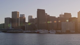 5K aerial stock footage of flying at low altitude by downtown skyscrapers, Downtown San Francisco, California, sunset Aerial Stock Footage | AXSF10_011