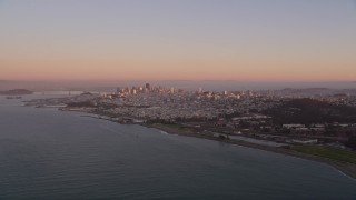 5K aerial stock footage approach Downtown San Francisco from Golden Gate Bridge, California, sunset Aerial Stock Footage | AXSF10_053