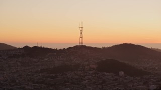 5K aerial stock footage of a view of Sutro Tower from Downtown San Francisco, California, sunset Aerial Stock Footage | AXSF10_071