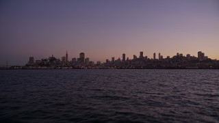 5K aerial stock footage low altitude approach to skyline of San Francisco, California, twilight Aerial Stock Footage | AXSF10_089