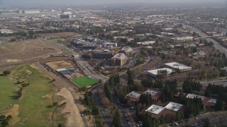 AXSF11_046 - 5K aerial stock footage video  approaching Google office buildings and Googleplex, Mountain View, California