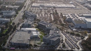 AXSF11_059 - 5K aerial stock footage of tilting from wetlands, reveal Yahoo! Campus office buildings, Sunnyvale, California