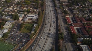 5K aerial stock footage of a reverse view of Interstate 280 freeway, San Jose, California Aerial Stock Footage | AXSF12_022