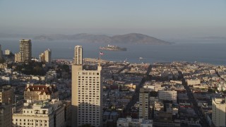 5K aerial stock footage flyby Russian Hill apartment buildings with Alcatraz in distance, San Francisco, California Aerial Stock Footage | AXSF13_018