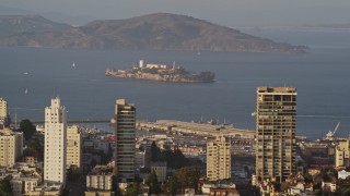 5K aerial stock footage of a view of Alcatraz prison from Russian Hill,  San Francisco, California Aerial Stock Footage | AXSF13_019