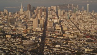 5K aerial stock footage tilt from Market Street to reveal Downtown San Francisco skyscrapers, California Aerial Stock Footage | AXSF13_036