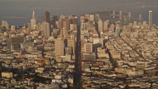 5K aerial stock footage approach city's skyscrapers and tilt to Market Street, Downtown San Francisco, California Aerial Stock Footage | AXSF13_037