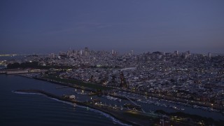 5K aerial stock footage of panning from Marina District to Downtown San Francisco skyline, California, twilight Aerial Stock Footage | AXSF14_085