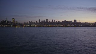 5K aerial stock footage of Russian Hill, Coit Tower and Fisherman's Wharf, San Francisco, California, twilight Aerial Stock Footage | AXSF14_091