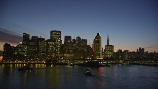 5K aerial stock footage video of Downtown San Francisco skyscrapers and Ferry Building, California, twilight Aerial Stock Footage | AXSF14_099