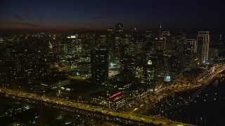 5K aerial stock footage of Downtown San Francisco seen from the Bay Bridge, California, night Aerial Stock Footage | AXSF14_129