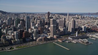 5K aerial stock footage of approaching waterfront skyscrapers and the Ferry Building in Downtown San Francisco, California Aerial Stock Footage | AXSF15_006