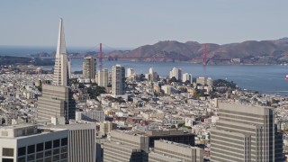 AXSF15_008 - 5K aerial stock footage of a view of Golden Gate Bridge from Downtown San Francisco, California