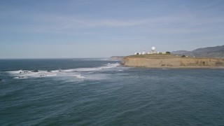 AXSF15_052 - 5K aerial stock footage flyby rock formations and Pillar Point Air Force Station, Half Moon Bay, California