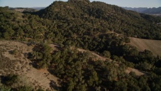 5K aerial stock footage tilt from a small hill to approach a large, tree covered hill, San Luis Obispo County, California Aerial Stock Footage | AXSF17_008