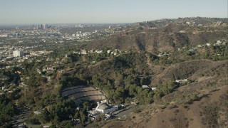 HD stock footage aerial video of flying by Hollywood Bowl in the Hollywood Hills, California Aerial Stock Footage | CAP_004_010