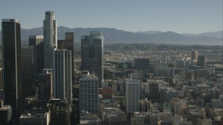 HD stock footage aerial video flyby skyscrapers and office buildings, Downtown Los Angeles, California Aerial Stock Footage | CAP_004_018