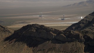 HD stock footage aerial video of solar towers at the Ivanpah Solar Electric Generating System, Mojave Desert, California Aerial Stock Footage | CAP_005_009