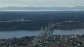 HD stock footage aerial video of the Olympic Mountains and the Tacoma Narrows Bridge, Washington Aerial Stock Footage | CAP_009_015