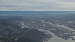 HD stock footage aerial video of the Port of Tacoma and Mount Rainier in Tacoma, Washington Aerial Stock Footage | CAP_009_022