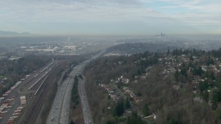 HD stock footage aerial video of Downtown Seattle skyline seen while following I-5 to Boeing Field, Washington Aerial Stock Footage | CAP_009_038