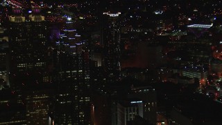 HD stock footage aerial video fly away from SunTrust Plaza and Westin Hotel at night, Downtown Atlanta, Georgia Aerial Stock Footage | CAP_013_073