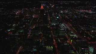 HD stock footage aerial video wide view of Bank of America Plaza at night, Midtown Atlanta, Georgia Aerial Stock Footage | CAP_013_075