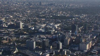 HD stock footage aerial video of zooming in on an apartment and college buildings in Hollywood, California Aerial Stock Footage | CAP_016_001