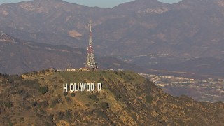 HD stock footage aerial video zoom to wider view of the Hollywood Sign in Los Angeles, California Aerial Stock Footage | CAP_016_033