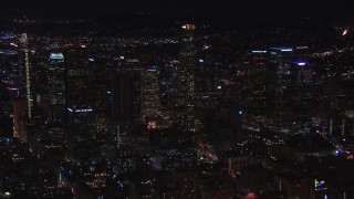 HD stock footage aerial video a wide orbit of US Bank Tower and the city's skyline at night in Downtown Los Angeles, California Aerial Stock Footage | CAP_018_179