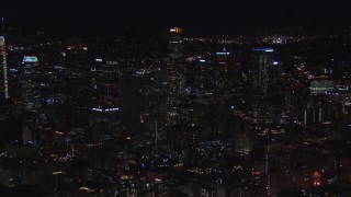 HD stock footage aerial video a view of US Bank Tower and the city's skyline at night in Downtown Los Angeles, California Aerial Stock Footage | CAP_018_180