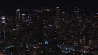 HD stock footage aerial video circling US Bank Tower and the city's skyline at night in Downtown Los Angeles, California Aerial Stock Footage | CAP_018_181