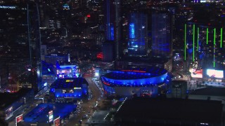 HD stock footage aerial video of panning to Staples Center at night, Downtown Los Angeles, California Aerial Stock Footage | CAP_018_188