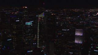 HD stock footage aerial video orbit Wilshire Grand Center at night, Downtown Los Angeles, California Aerial Stock Footage | CAP_018_202