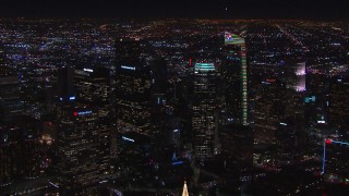 HD stock footage aerial video of towering skyscrapers at night, Downtown Los Angeles, California Aerial Stock Footage | CAP_018_204