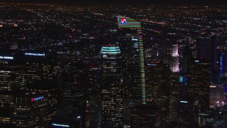 HD stock footage aerial video of two towering skyscrapers at night, Downtown Los Angeles, California Aerial Stock Footage | CAP_018_205