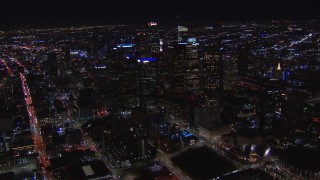 HD stock footage aerial video of a wide orbit of tall skyscrapers at night, Downtown Los Angeles, California Aerial Stock Footage | CAP_018_208