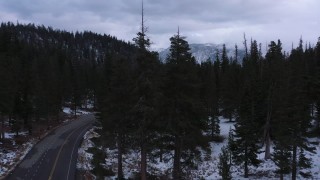 4K stock footage aerial video ascend from road and evergreen forest to reveal distant snowy mountains, Inyo National Forest, California Aerial Stock Footage | CAP_019_013