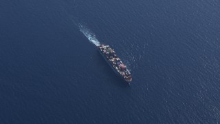 HD stock footage aerial video of a bird's eye view of a cargo ship near Miami Beach, Florida Aerial Stock Footage | CAP_020_015