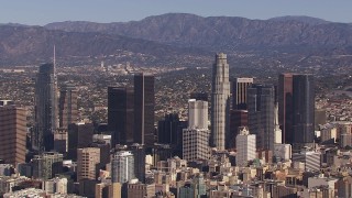 HD stock footage aerial video flyby skyscrapers in the city's skyline, Downtown Los Angeles, California Aerial Stock Footage | CAP_021_094