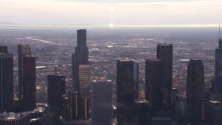 HD stock footage aerial video zoom from view of US Bank Tower skyscraper to view of skyline, Downtown Los Angeles, California Aerial Stock Footage | CAP_021_104