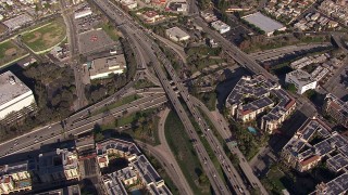 HD stock footage aerial video bird's eye view of the 101 / 110 interchange with heavy traffic, Downtown Los Angeles, California Aerial Stock Footage | CAP_021_109