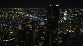 5K aerial stock footage Downtown Los Angeles skyscrapers and city lights at night, California Aerial Stock Footage | DCA01_032