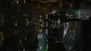 DCA01_043 - 5K aerial stock footage bird's eye view of South Hope Street in Downtown Los Angeles at night, California