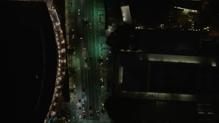 DCA01_049 - 5K aerial stock footage bird's eye view of South Grand Avenue at night, Downtown Los Angeles, California