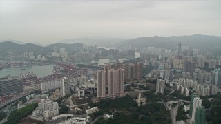 4K aerial stock footage pan from Rambler Channel across Kwai Chung apartment complexes, Hong Kong, China Aerial Stock Footage | DCA02_019