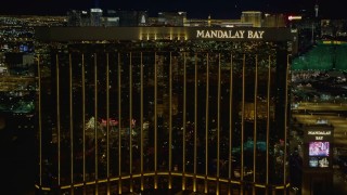 DCA03_054 - 4K aerial stock footage of approaching Mandalay Bay, Las Vegas, Nevada Night