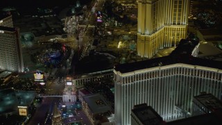 4K aerial stock footage of Las Vegas Boulevard surrounded by hotels, Las Vegas, Nevada Night Aerial Stock Footage | DCA03_064